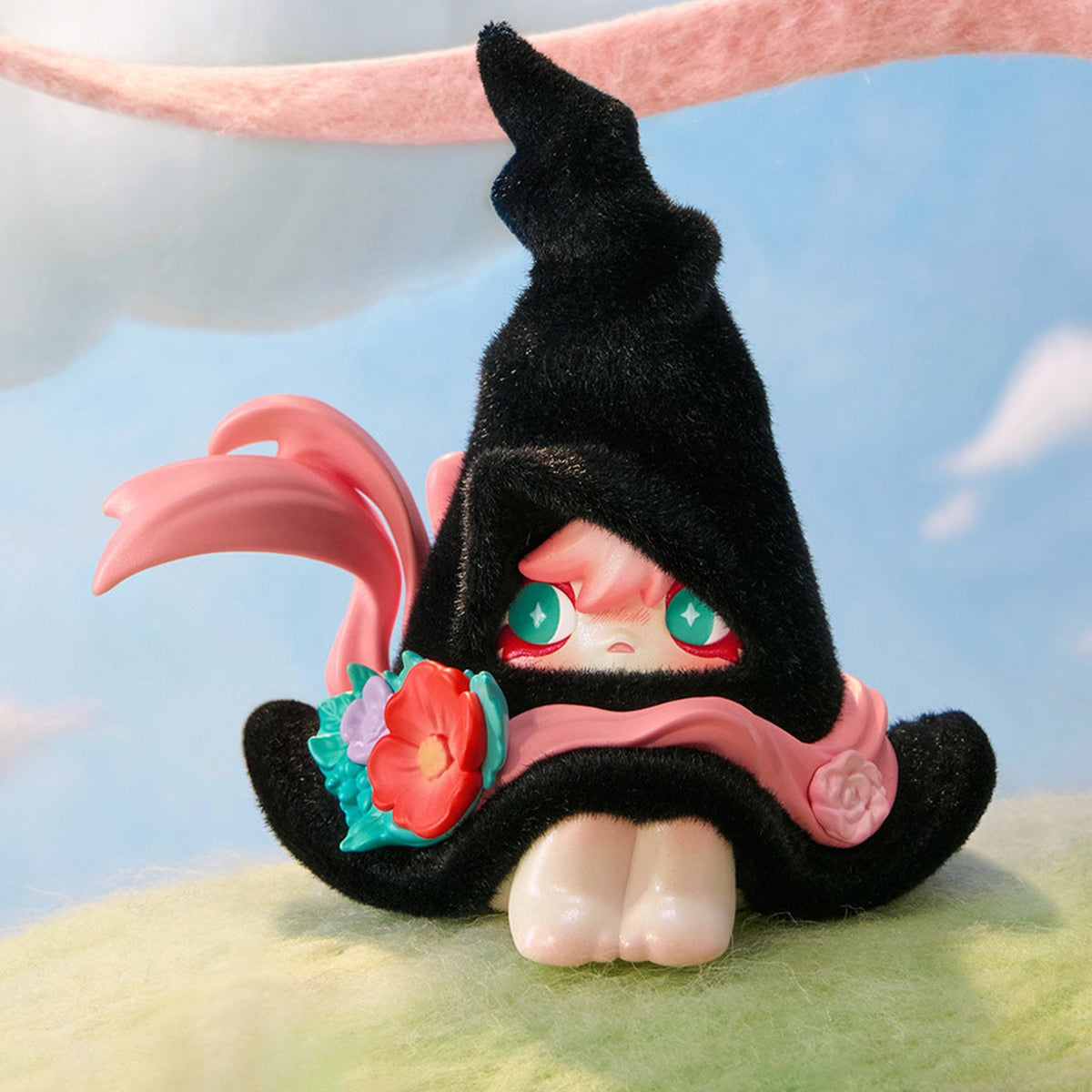 1001MOONS Wind's Intention figure blind-box series: black-hooded figure design with pink ribbons; possible random outcome