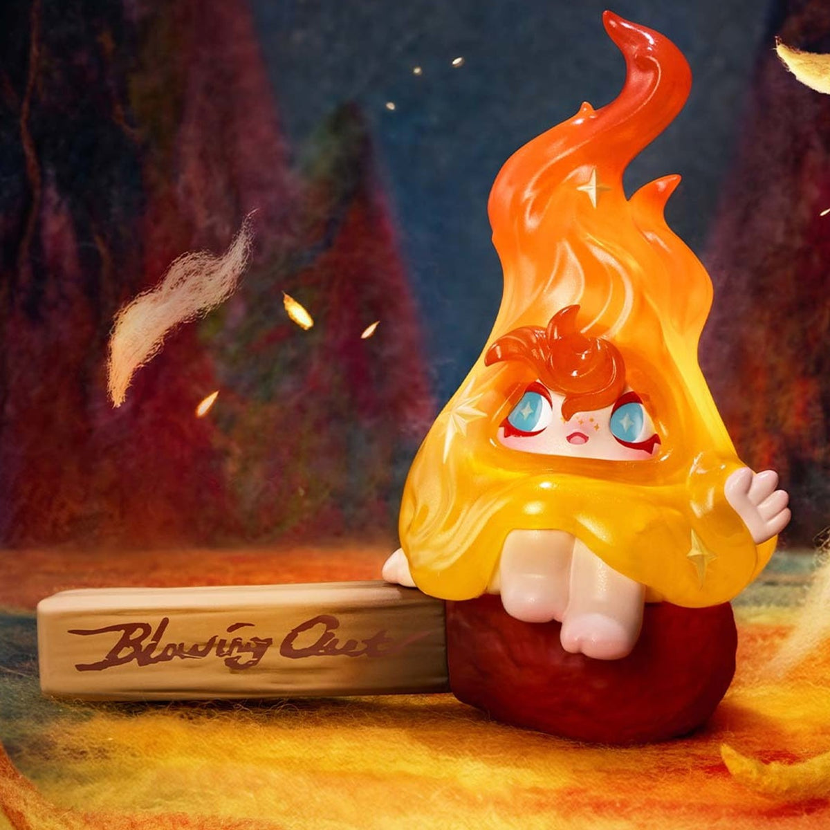 1001MOONS Wind's Intention figure blind-box series: Little Flicker flame-shaped figure design in a styled scene; possible random outcome