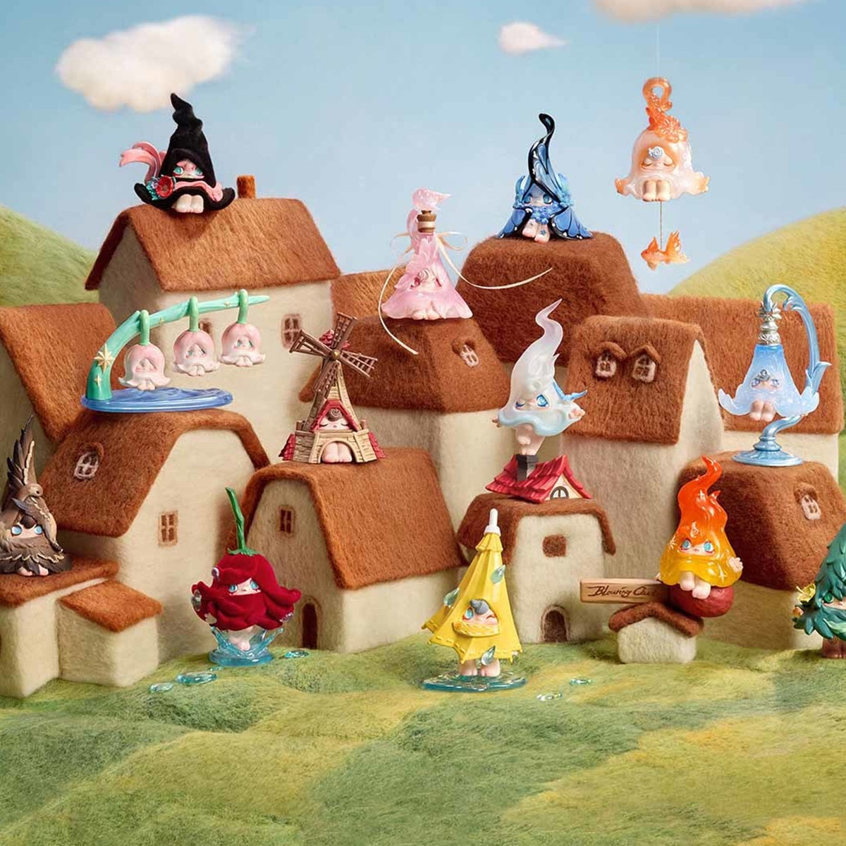 1001MOONS Wind's Intention figure blind-box series: possible figure designs in a village scene; not a guaranteed delivered lineup
