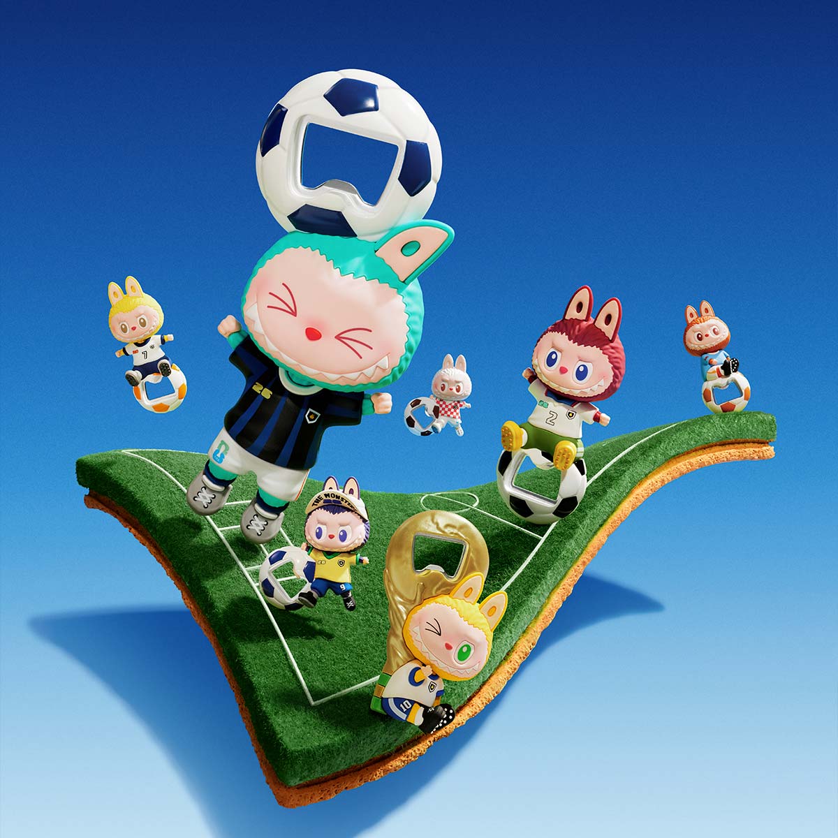 THE MONSTERS x FIFA — lineup of possible bottle-opener/magnet styles, including Secret possibility; not one-box contents or guaranteed set lineup