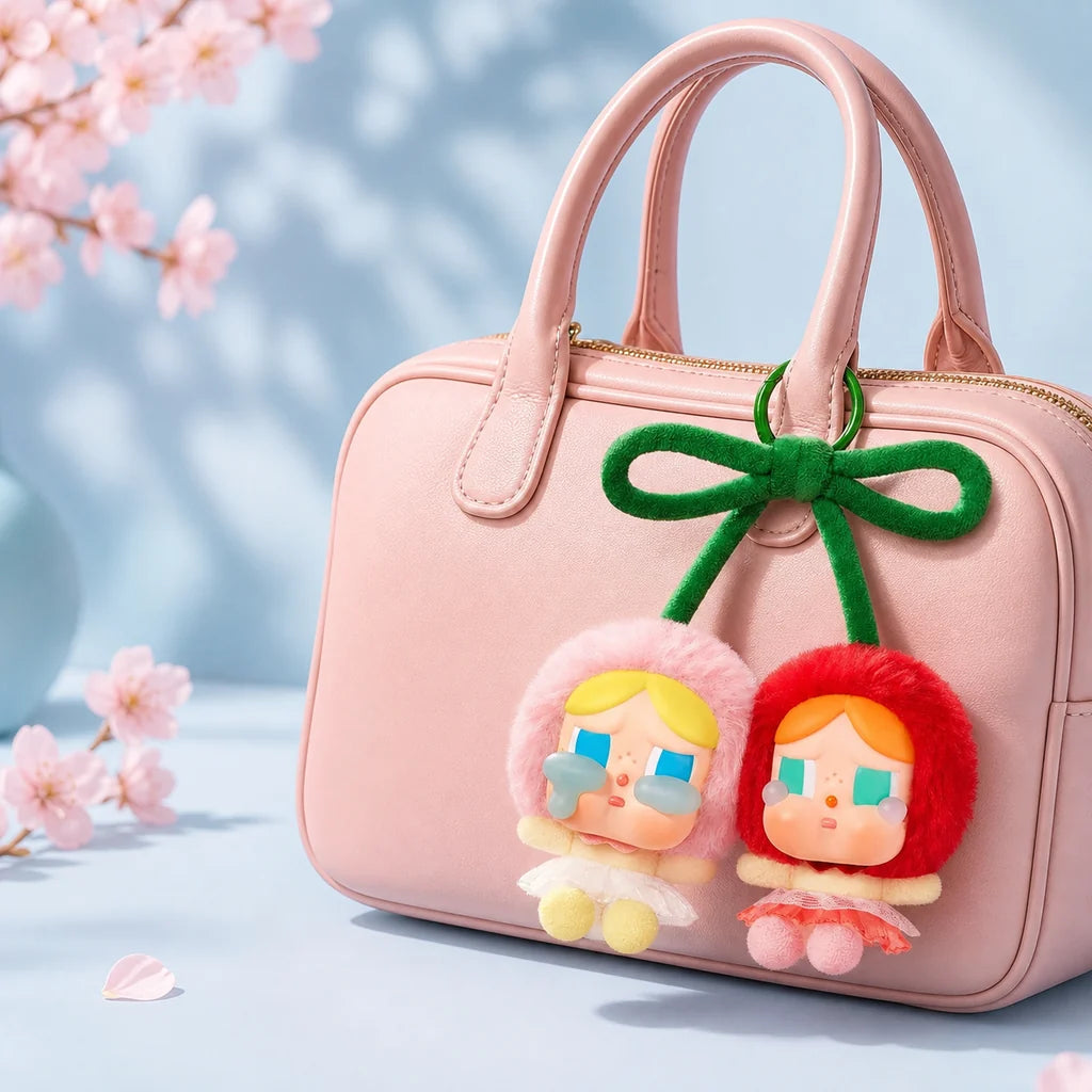CRYBABY Love You Cherry Much Vinyl Plush Hanging Card attached to a pink bag