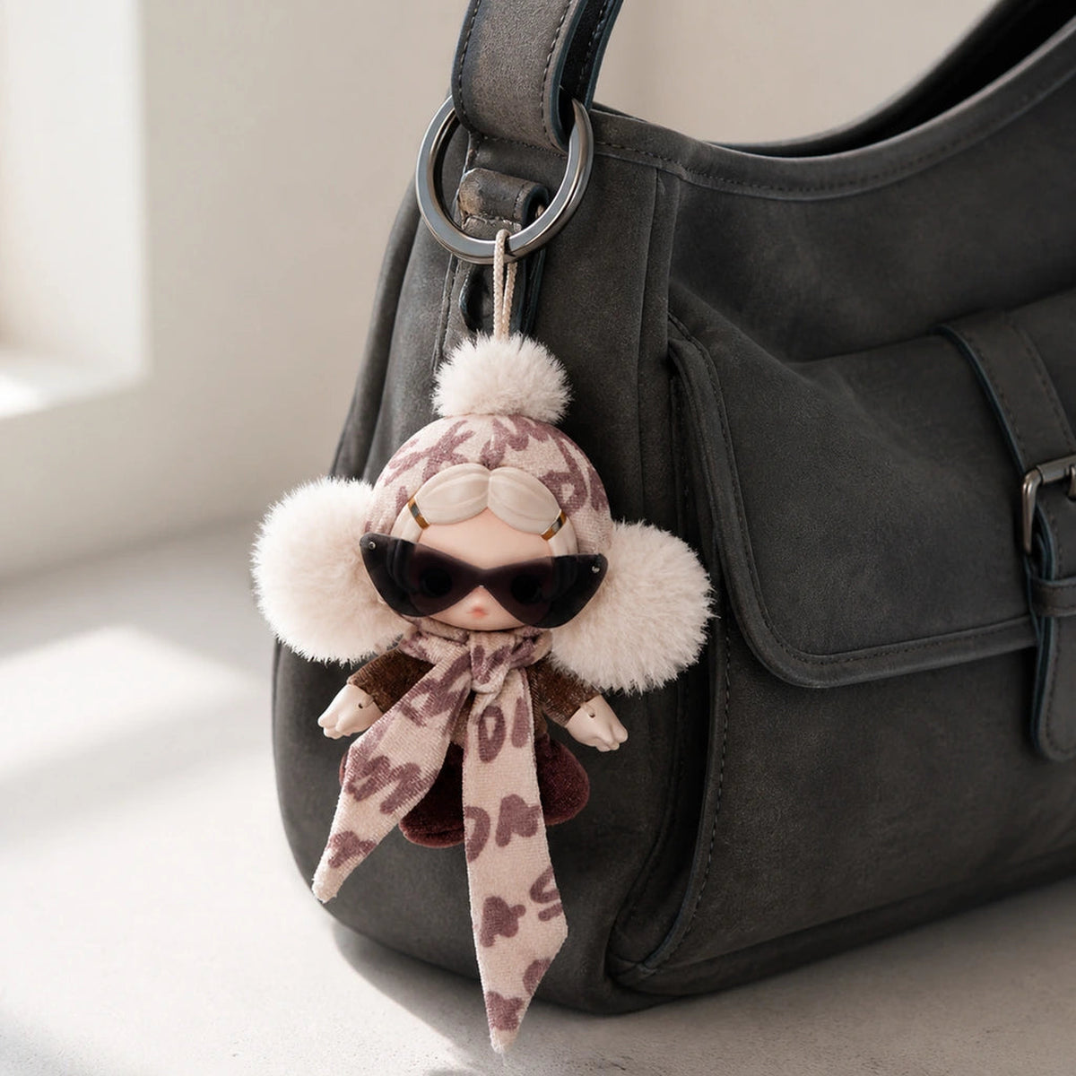 SKULLPANDA Off Mode plush pendant attached to a charcoal shoulder bag | SKULLPANDA exact product view