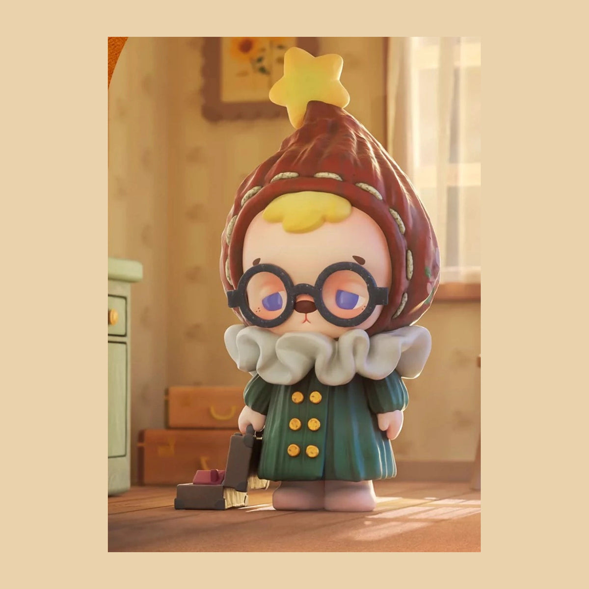 JOTOYS KNOWKNOW House of Memories full figure design example with star-topped headwear and green coat in original room scene; random purchase does not guarantee this design