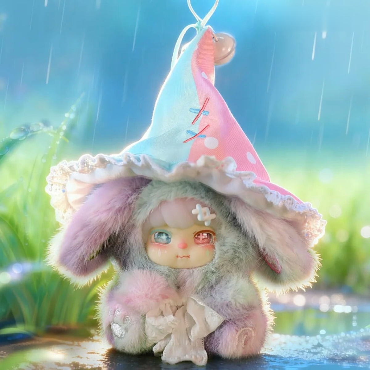 Waiting For The Rain'S End — pastel plush in a pink-and-blue hat in the original outdoor scene