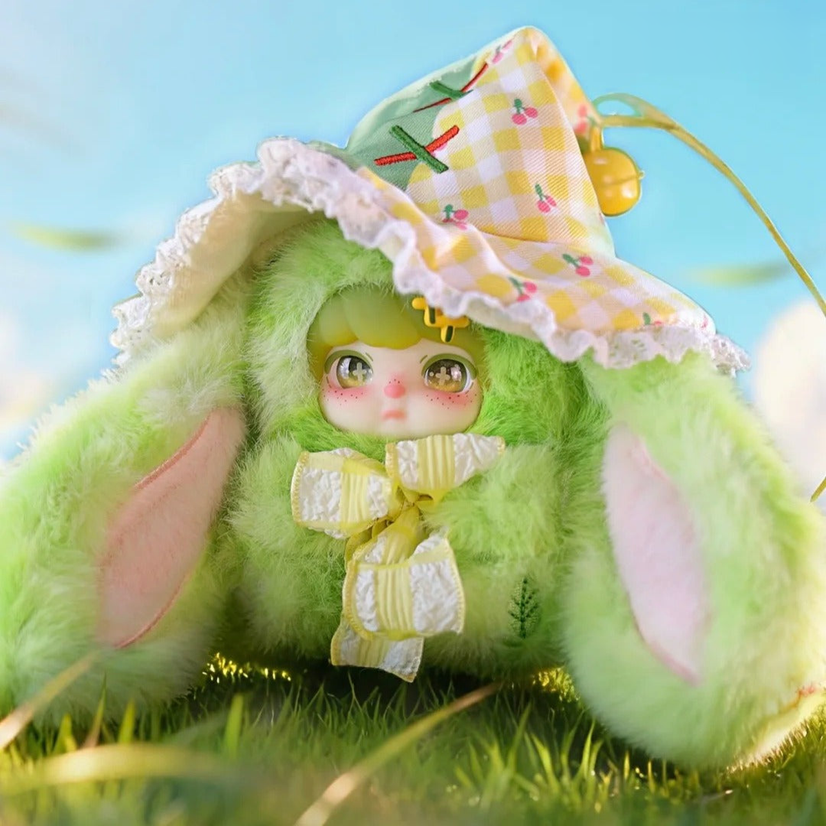 Waiting For The Spring — green plush in a floral checked hat in the original outdoor scene
