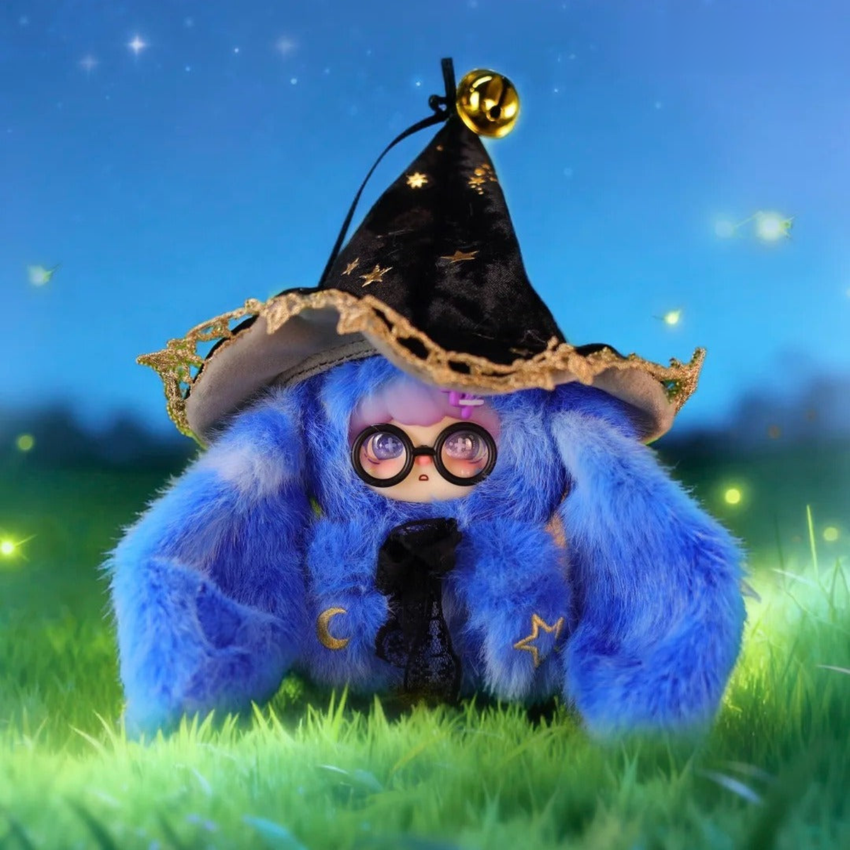 Waiting For The Stars — blue plush in a black star-patterned hat in the original outdoor scene