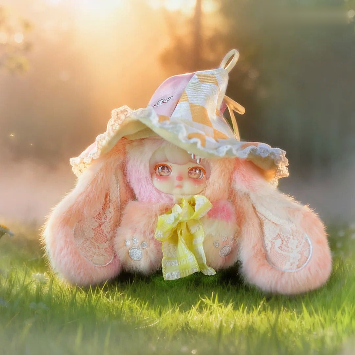 Waiting For The Sunrise — peach plush in a pastel checked hat in the original outdoor scene