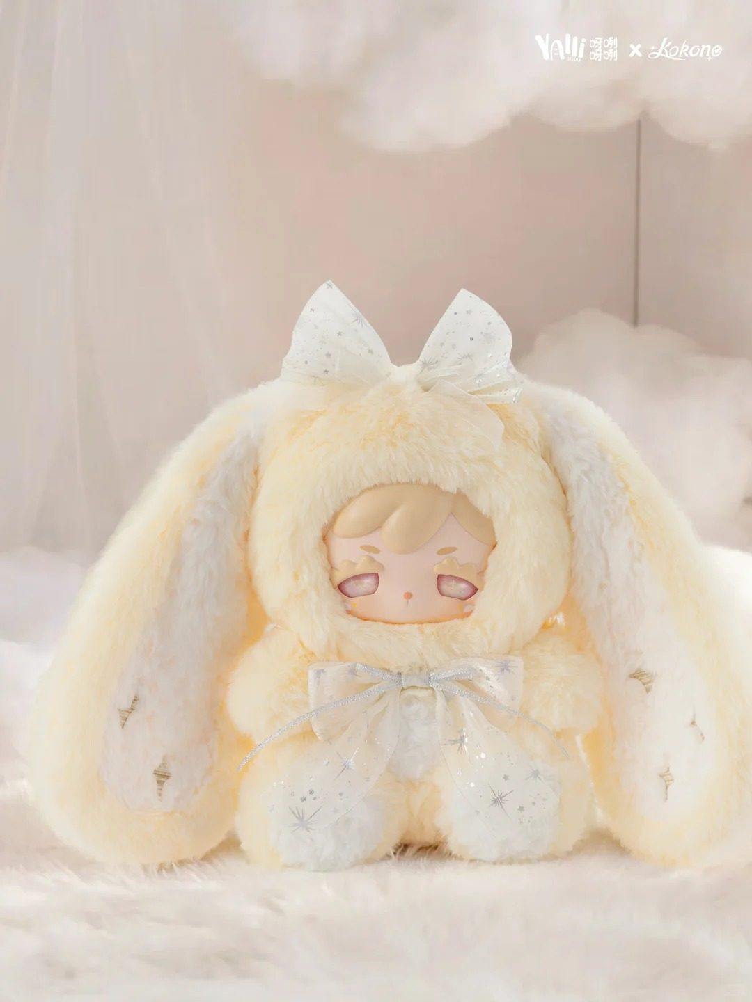 Kokono Lucky Star 600% yellow plush doll with complete long ears, bow and feet; illustrative series design, not a confirmed color selection