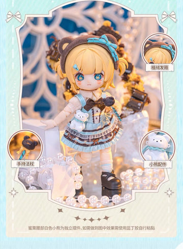 NAGI Illusory Realm bear-hat physical doll series example with blue layered outfit, wand and bear accessory details; native display occlusion and accessory note retained