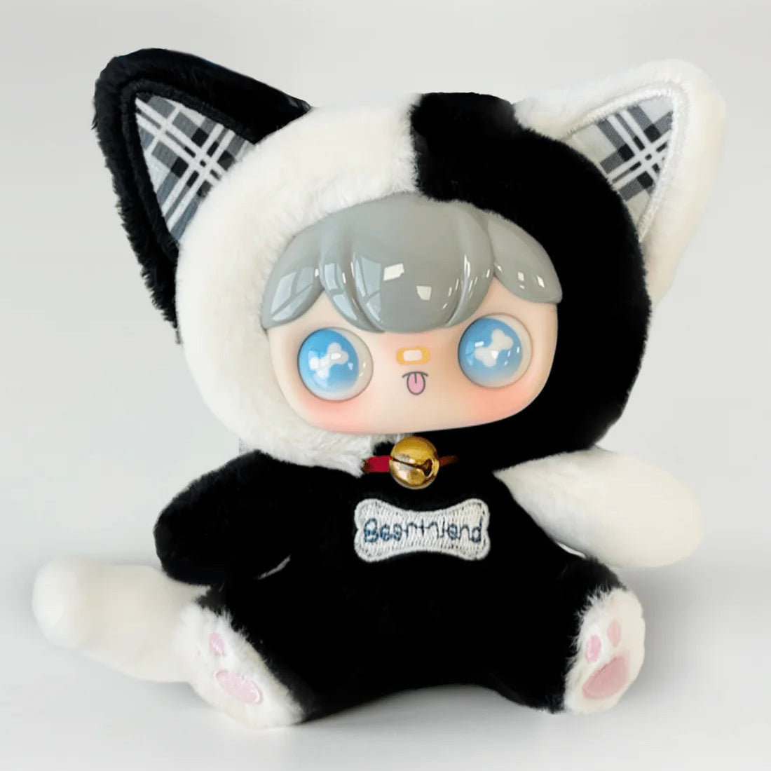 KOKKA black-and-white cat costume plush, front detail; series design example | KikiBuddies