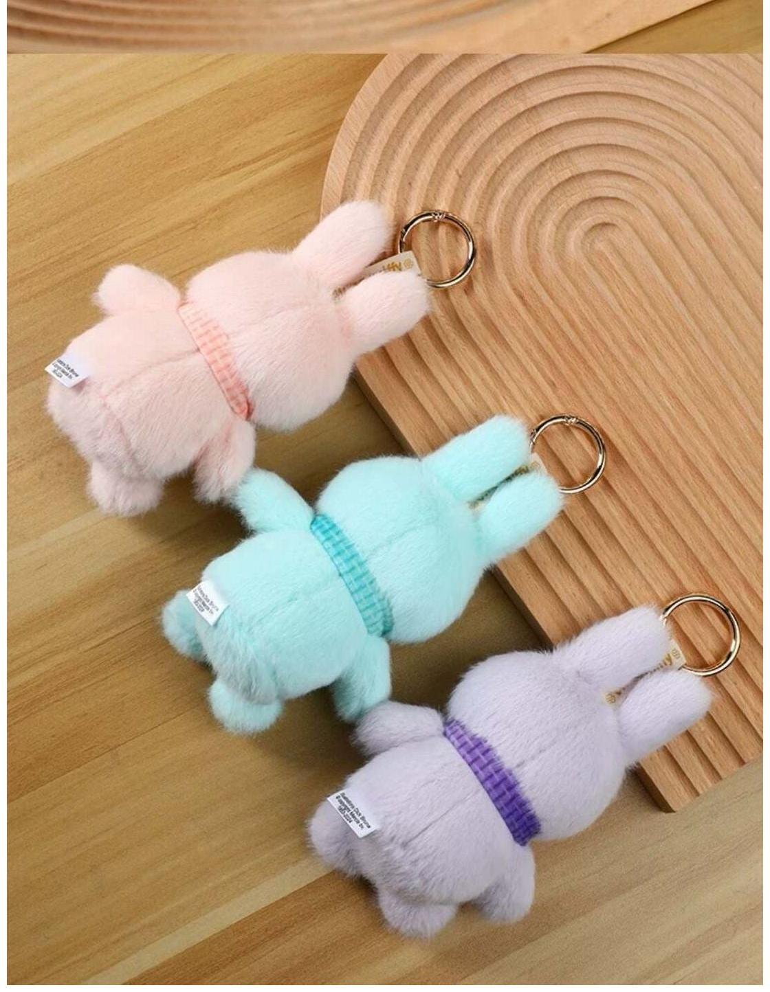 Macaron series plush pendants - rear fabric and attachment detail; three designs shown, not a purchase bundle