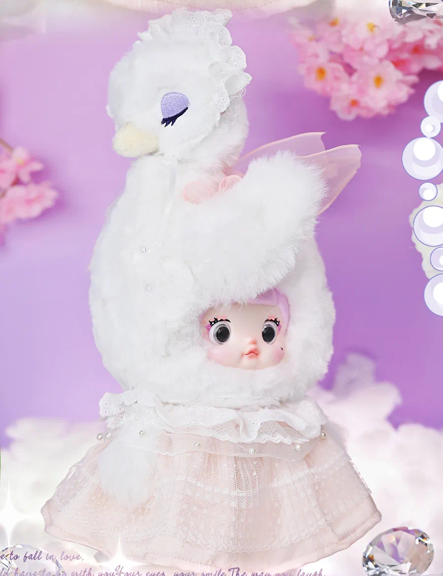 NOMMI Swan Lake complete plush doll with swan head, pink-haired face, wings and full lace skirt; scene props not included