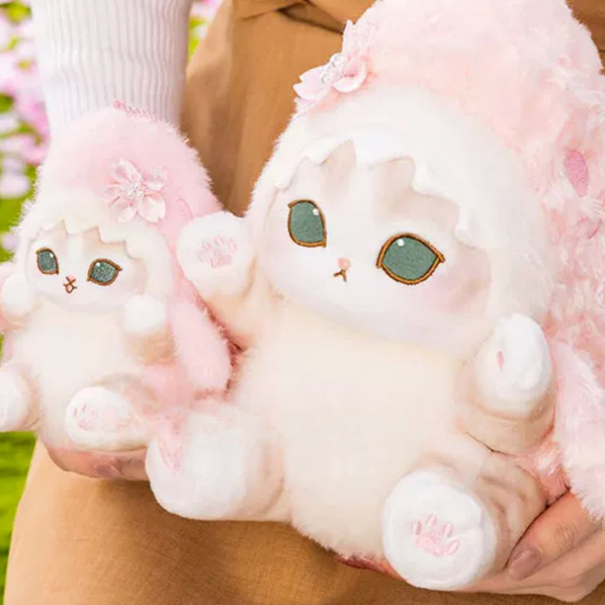 Mofusand Cherry Blossom Pink Plush Doll and Keychain - two formats scale scene | KikiBuddies