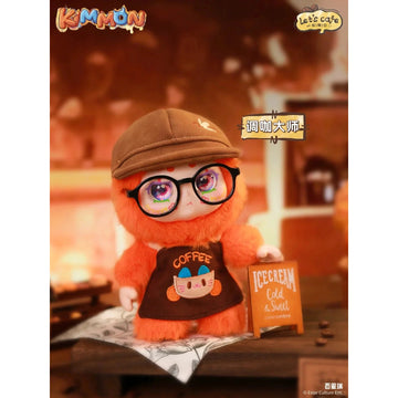 KIMMON Let's Cafe orange coffee-master plush pendant, complete cap, glasses, apron and feet; random-series example