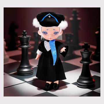 LAURA Chess Black Knight complete physical doll with full black-and-blue cap, clothed body and both shoes visible; series example, not a guaranteed random character