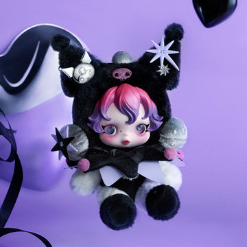 SKULLPANDA KUROMI plush frontal view with black pointed-ear hood, pink-and-purple hair and white collar; KUROMI only