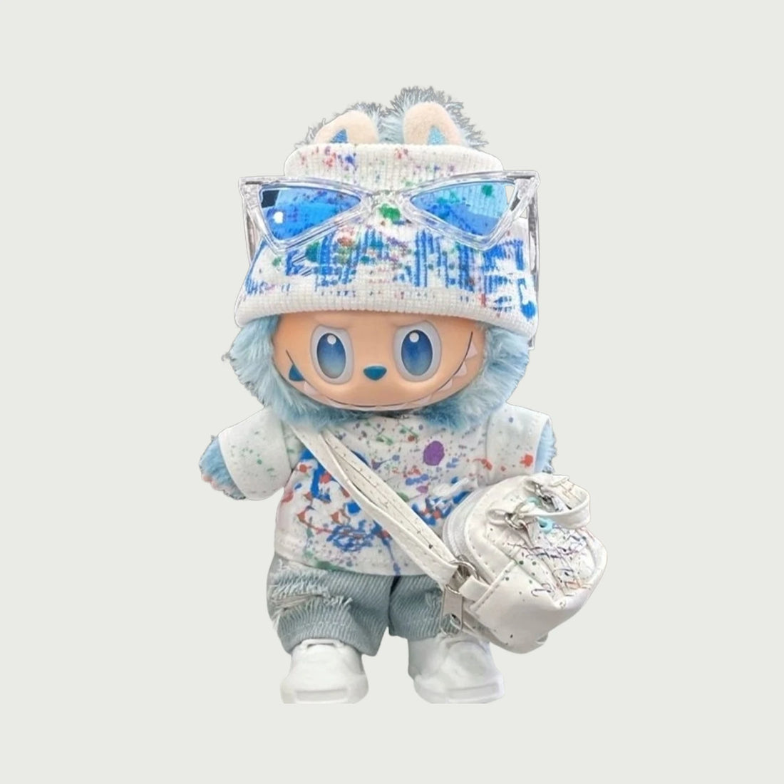 Labubu ’Chan’ Blue & White Graffiti Knit Streetwear 6-Piece Set – Fits 17cm Figures