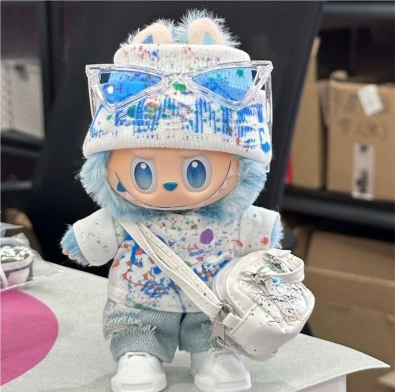 Blue & White Graffiti Knit Streetwear 6-Piece Set For Labubu — 17cm