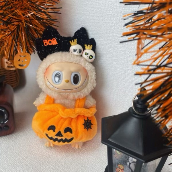 Labubu Pumpkin Dress & Skeleton Hair Clip Set – Festive Edition (Fits 17cm Figures)
