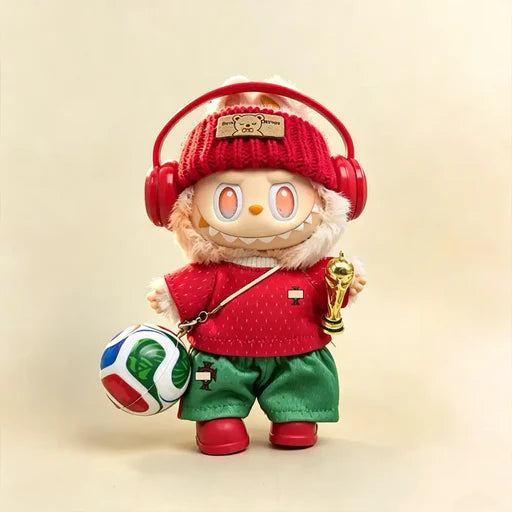 Labubu Football Jersey Outfit Set - Football National Team Inspired Classic Set 17cm - Classic Red & Green (Portugal Edition) doll outfit lifestyle scene | KikiBuddies