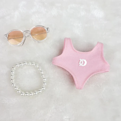Labubu / The Monsters 17cm Outfit · 3-Piece Sleek Swimsuit - Pink Chic Set: Pink Swimsuit + Necklace + Classic Sunglasses doll outfit lifestyle scene | KikiBuddies