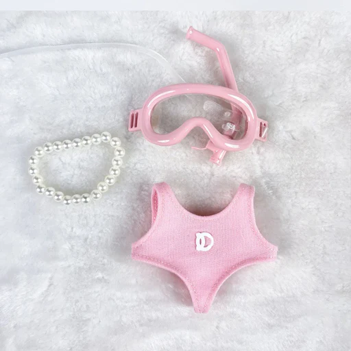 Labubu / The Monsters 17cm Outfit · 3-Piece Sleek Swimsuit - Pink Dive Set: Pink Swimsuit + Necklace + Diving Goggles doll outfit front view | KikiBuddies