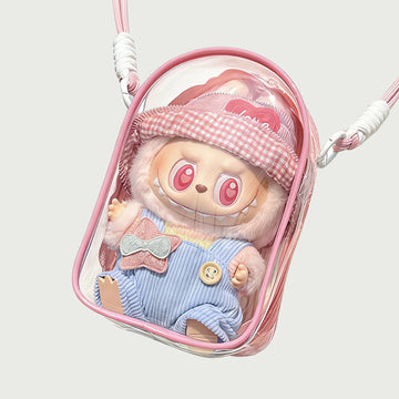 Kikibuddies Clear Display Bag for Labubu V2 | 15cm Doll Crossbody Case pink