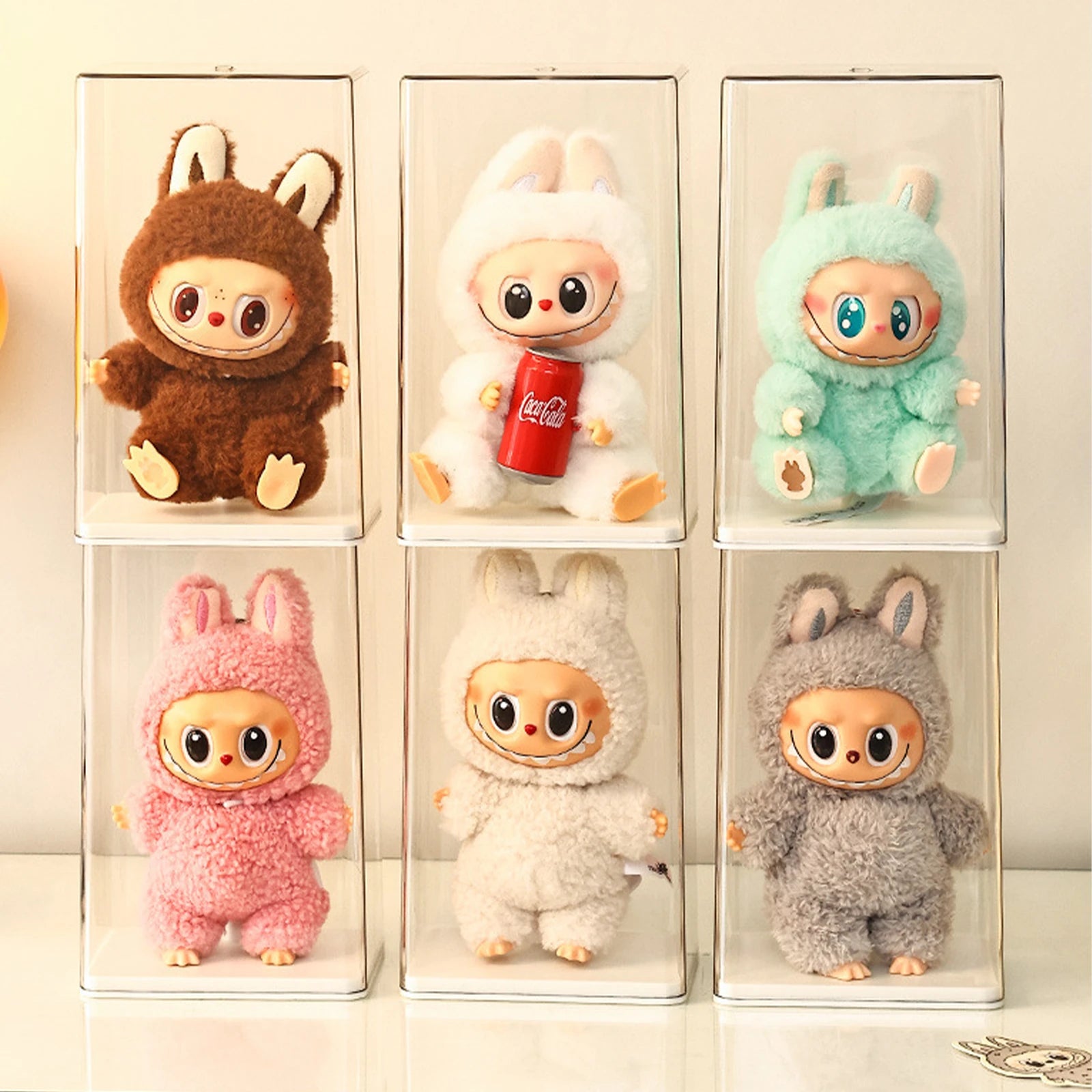 Stackable dustproof storage boxes compatible with Labubu Family Generation 1, 2, and 3 plush dolls.