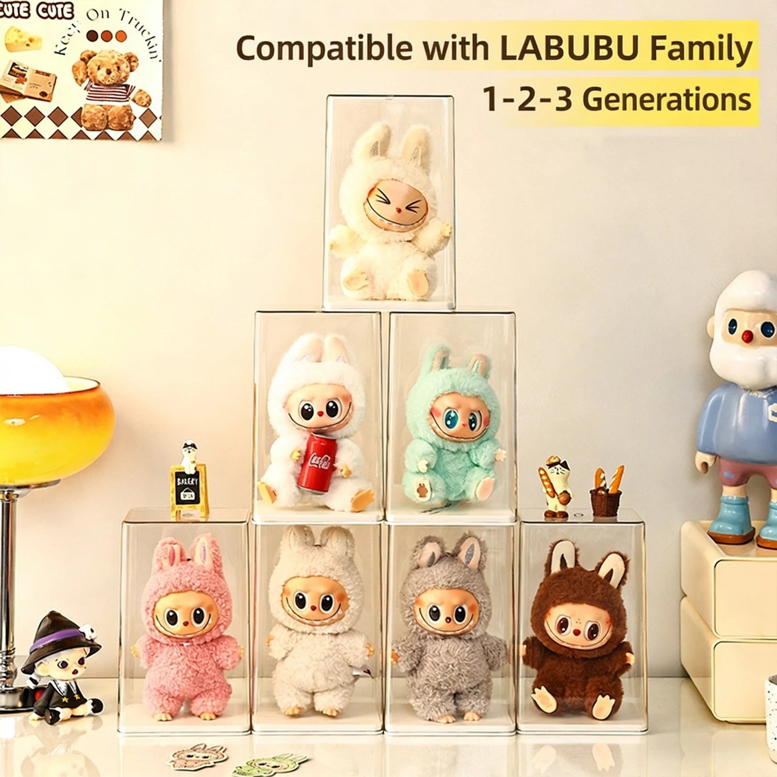 Stackable dustproof storage boxes compatible with Labubu Family Generation 1, 2, and 3 plush dolls.