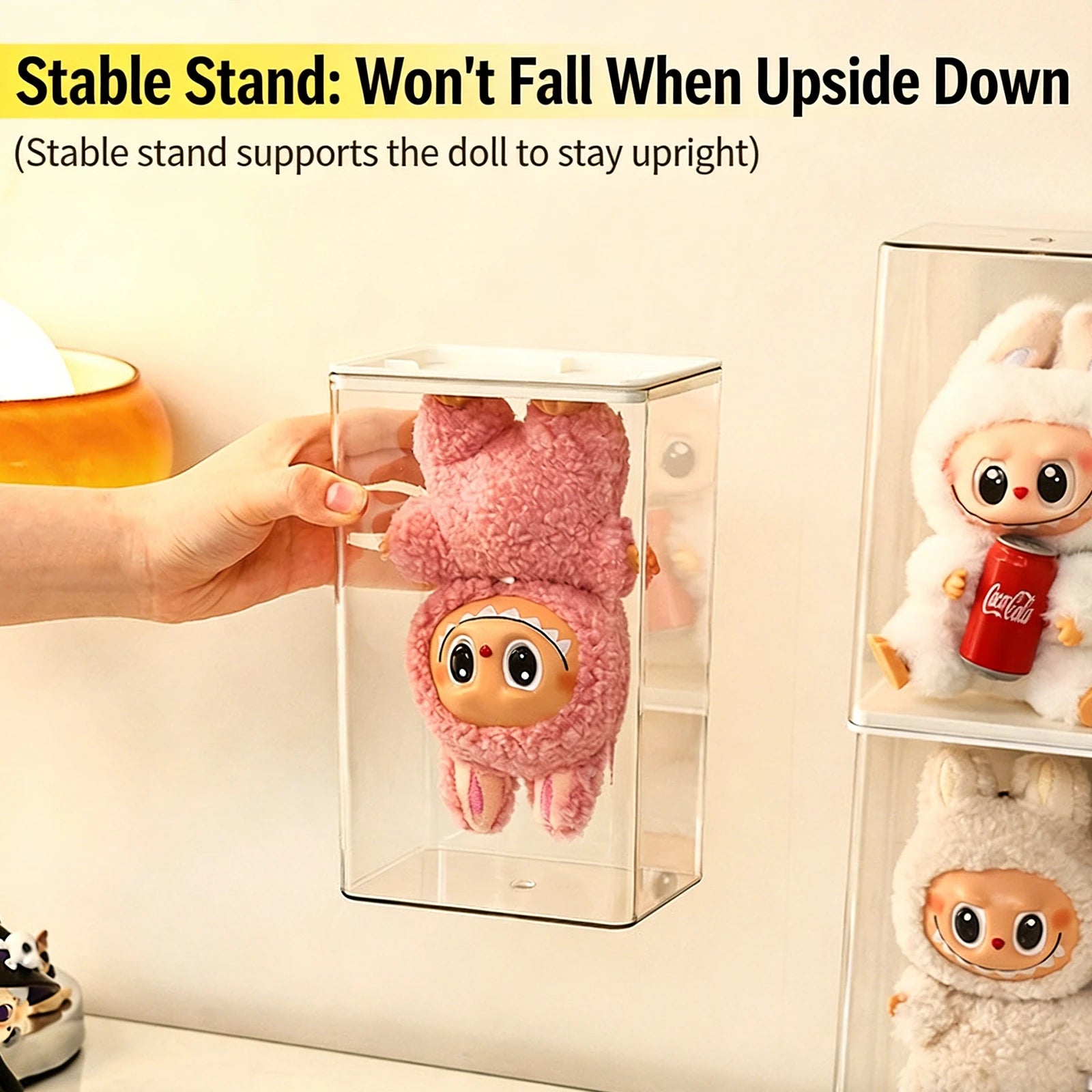 Stackable dustproof storage boxes compatible with Labubu Family Generation 1, 2, and 3 plush dolls.