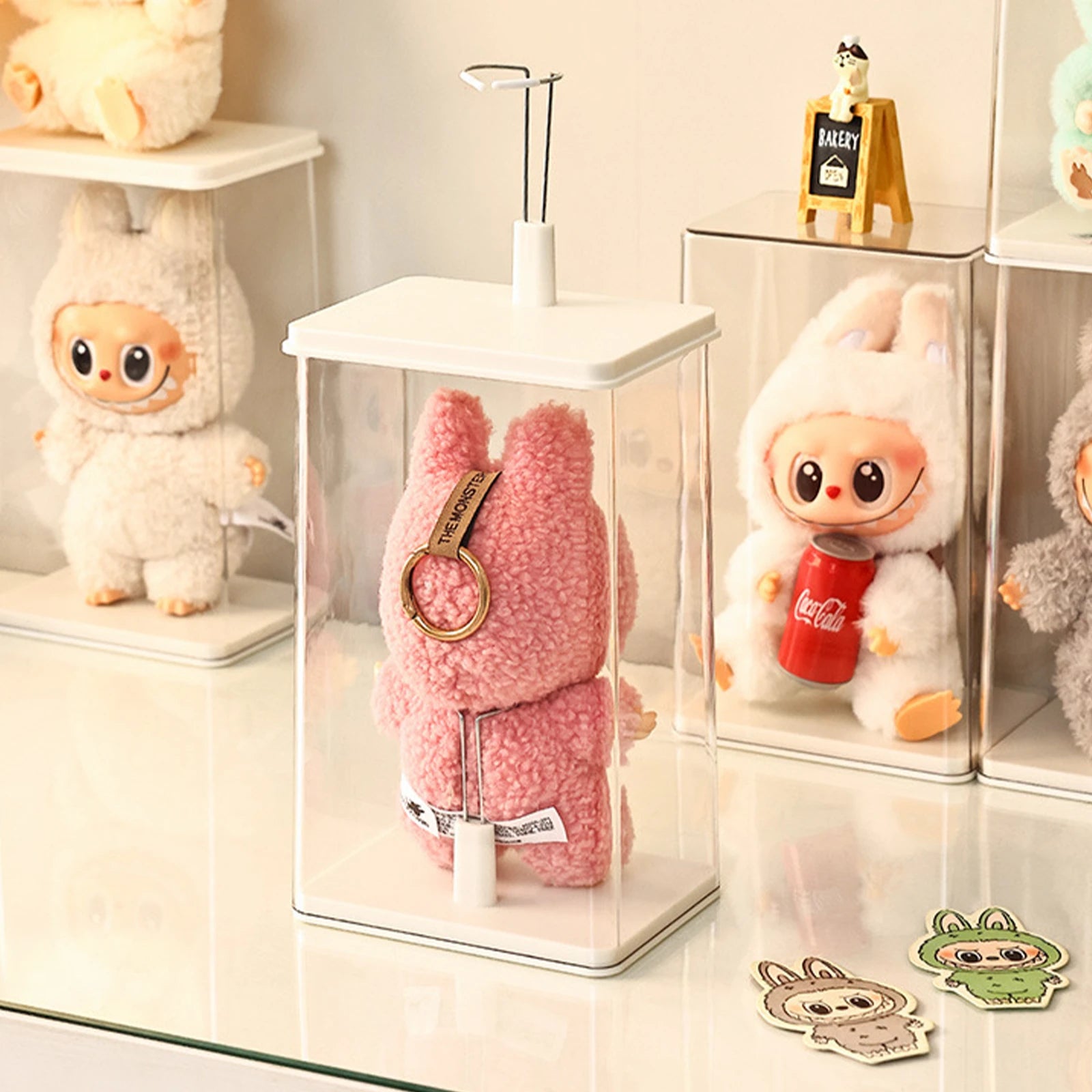 Stackable dustproof storage boxes compatible with Labubu Family Generation 1, 2, and 3 plush dolls.
