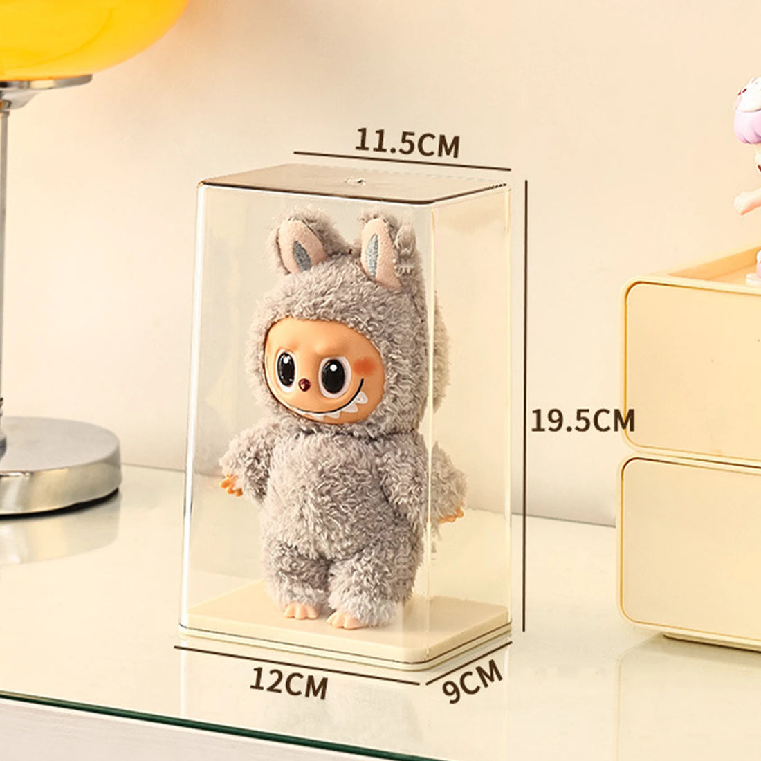 Stackable dustproof storage boxes compatible with Labubu Family Generation 1, 2, and 3 plush dolls.