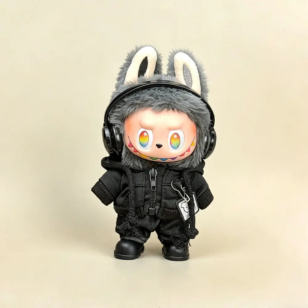 All-Black Bear Zip Hoodie 4-Piece Set for Labubu 17cm