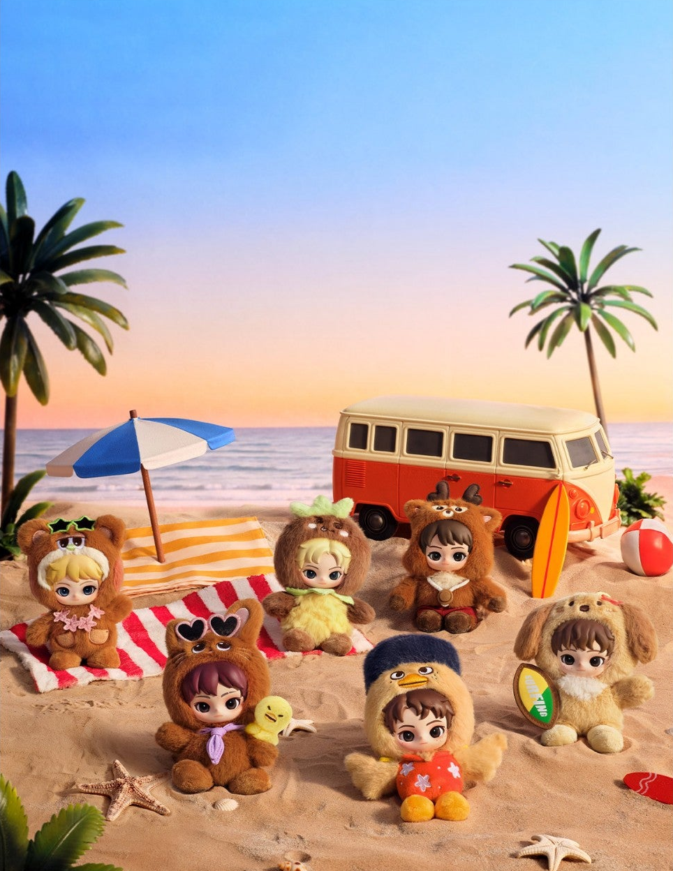 RIIZE Fluffy Club Summer designs — series display; not the contents of one box. Scene props not included.