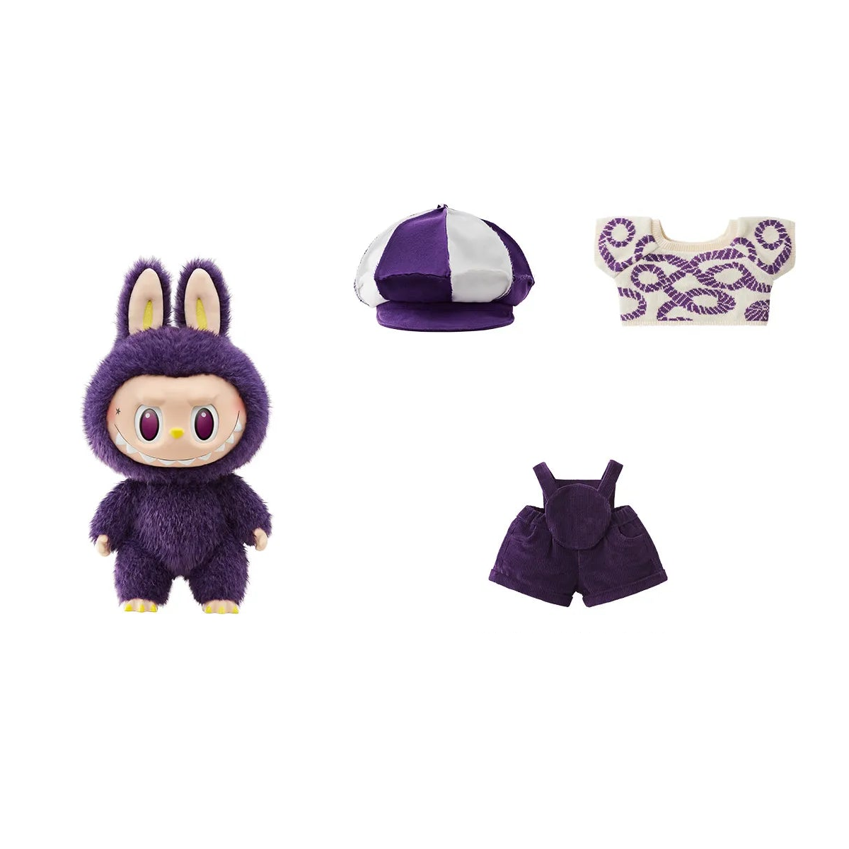 LABUBU x PRONOUNCE Be Fancy Now doll, hat, sweater and suspender jeans shown separately