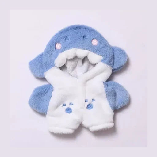 Blue and white plush shark costume on a white background