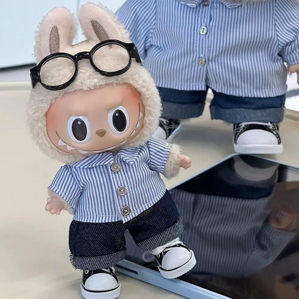 Flip With Me Style Summer Striped Shirt & Denim Jumpsuit for Labubu 17cm
