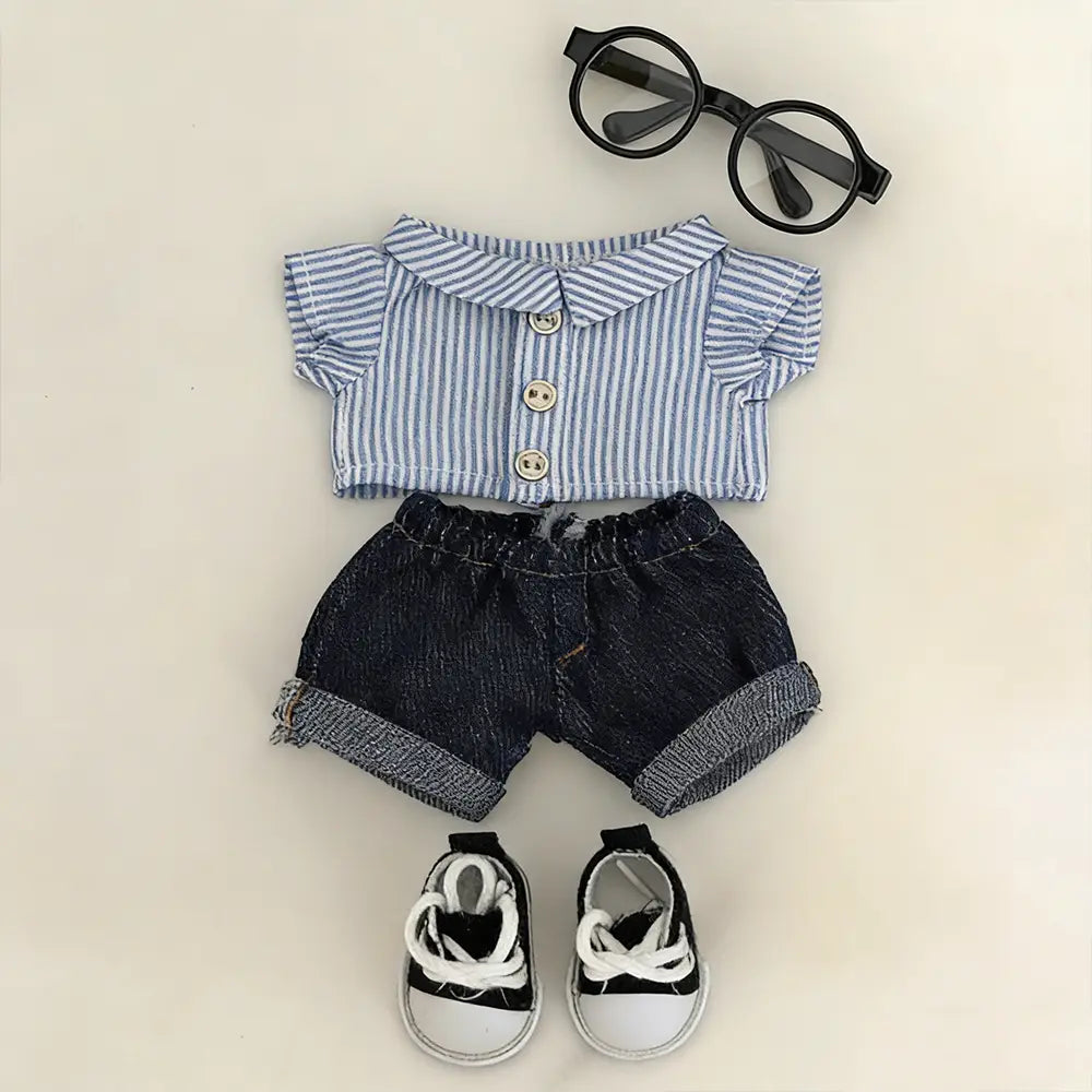 outfit with striped shirt, shorts, shoes, and glasses for labubu, labubu flip with me style