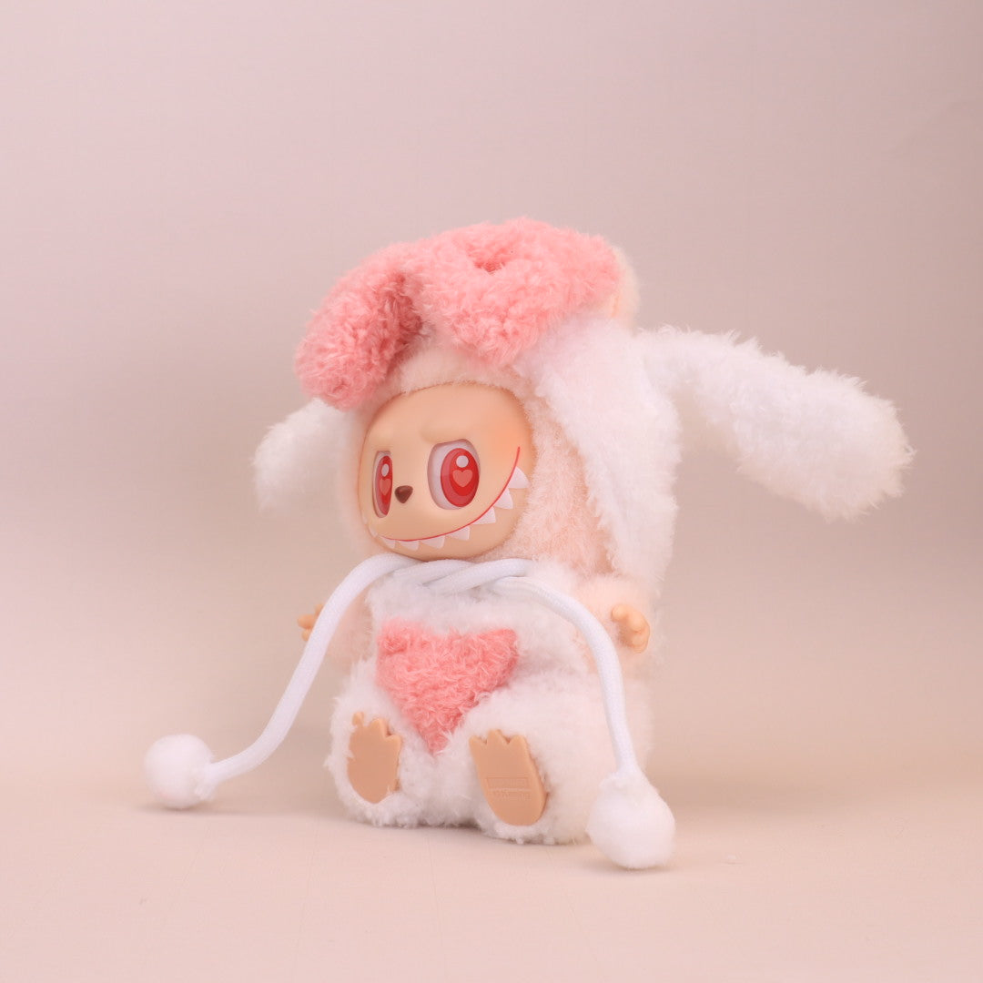 Kikibuddies Labubu Fleece Outfit Set - White Hooded Hat & Brown Teddy Overalls