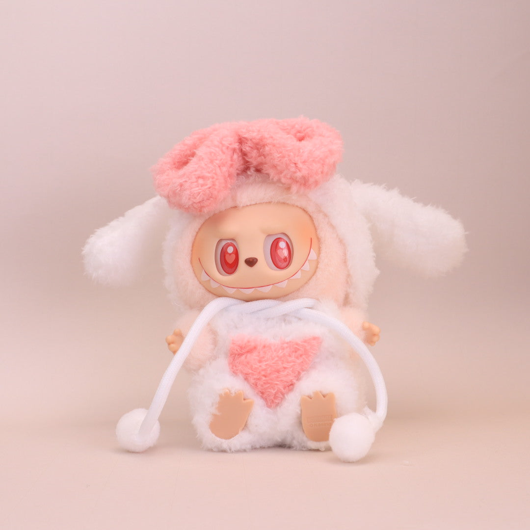 Kikibuddies Labubu Fleece Outfit Set - White Hooded Hat & Brown Teddy Overalls