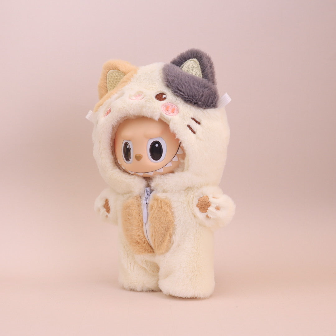 Kikibuddies Labubu Calico Cat Plush Outfit - Doll Clothes Tri-color Kitten Jumpsuit