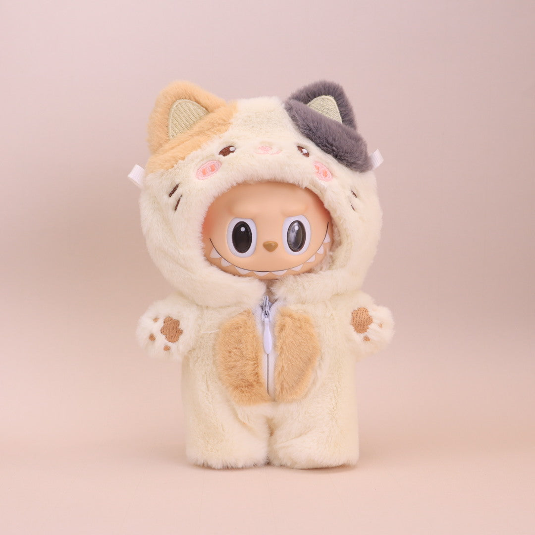 Kikibuddies Labubu Calico Cat Plush Outfit - Doll Clothes Tri-color Kitten Jumpsuit