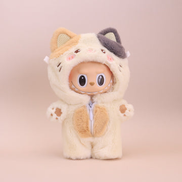 Kikibuddies Labubu Calico Cat Plush Outfit - Doll Clothes Tri-color Kitten Jumpsuit