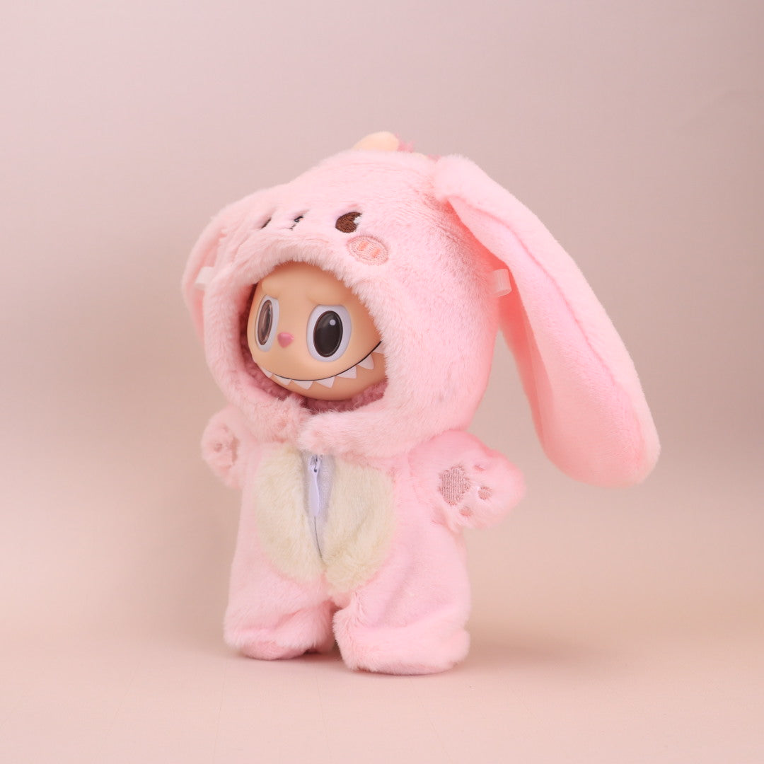 Kikibuddies Labubu Pink Bunny Plush Outfit - Doll Clothes Floppy Ear Rabbit Jumpsuit