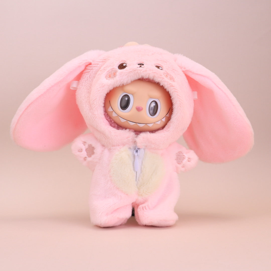 Kikibuddies Labubu Pink Bunny Plush Outfit - Doll Clothes Floppy Ear Rabbit Jumpsuit