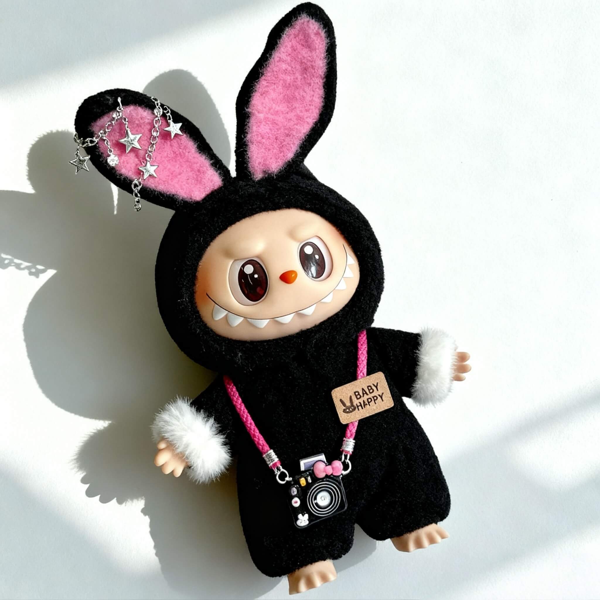 Labubu Bunny Outfit - Black Plush with Star Chain & Camera Accessory