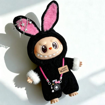 Labubu Bunny Outfit - Black Plush with Star Chain & Camera Accessory