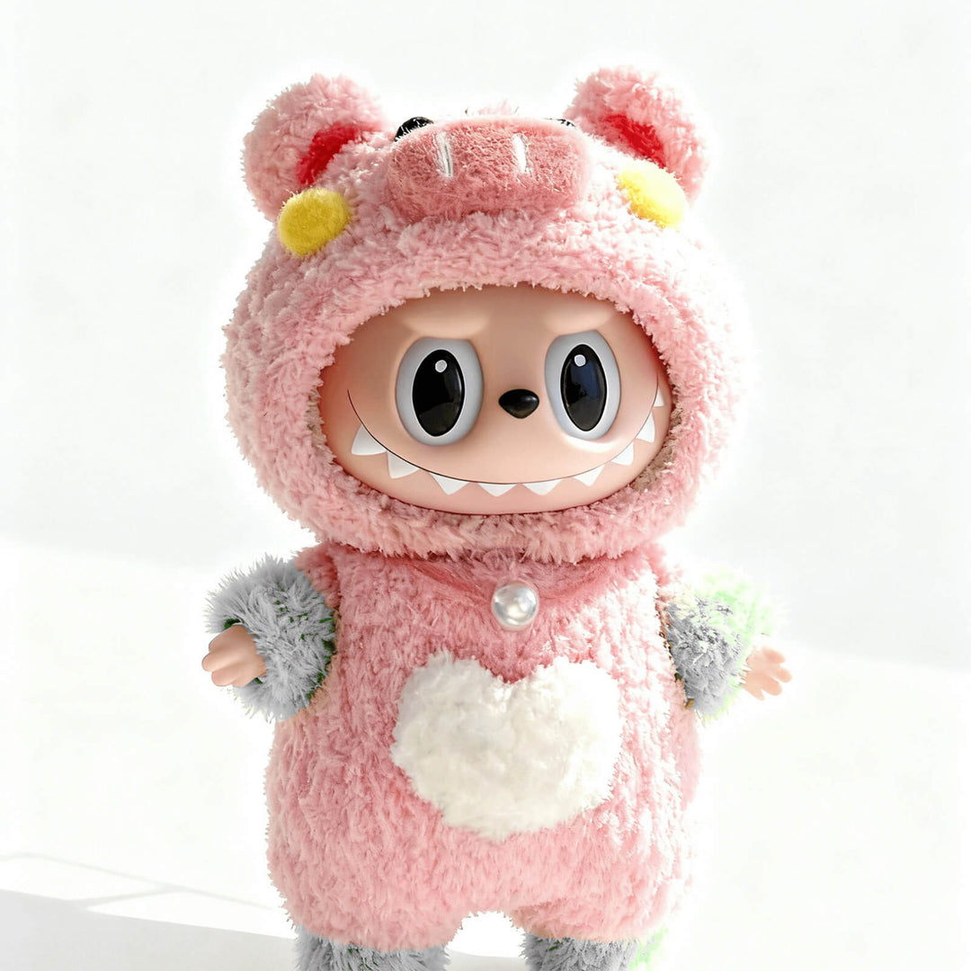 KIKIBUDDIES Labubu 17cm Pink Pig Plush Costume Set - Hooded Outfit