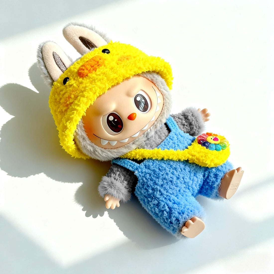 KIKIBUDDIES Labubu 17cm Yellow Duck Hat & Blue Plush Overalls Set