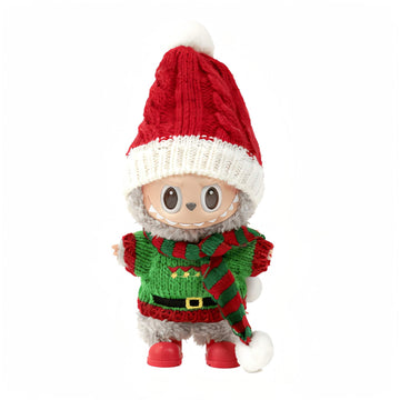 KIKIBUDDIES Labubu Christmas Elf Knit Outfit Set - Red Hat + Sweater